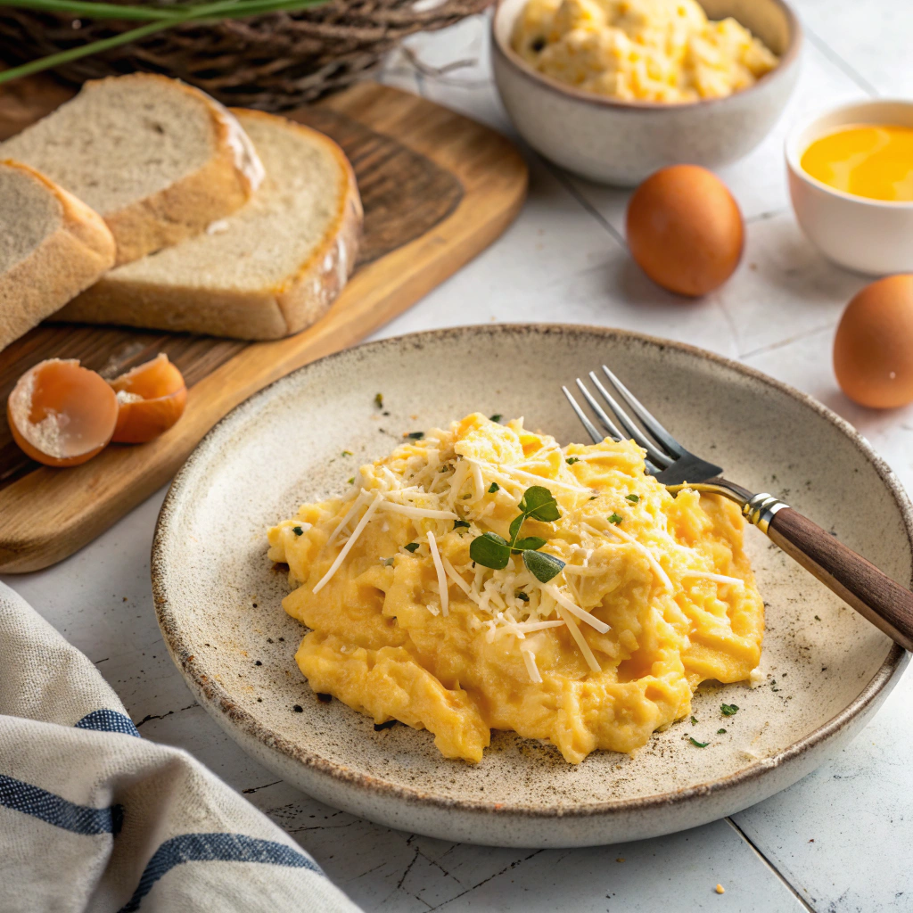 Scrambled eggs with cheese served on ceramic plate, showing perfectly melted cheese and fluffy texture