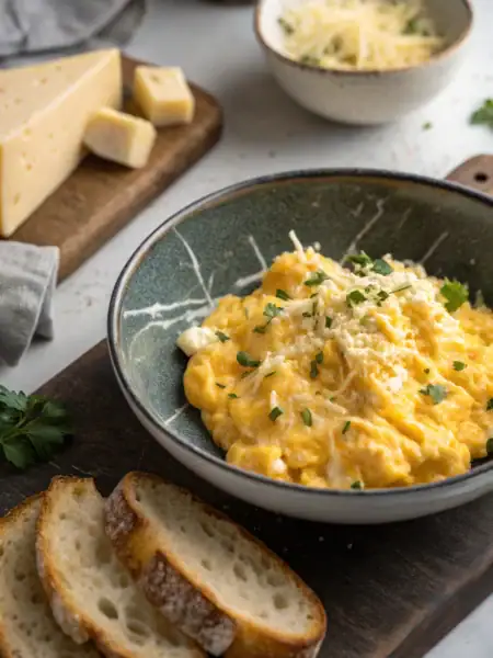 Scrambled eggs with cheese served on a white ceramic plate, showing perfectly fluffy texture with melted cheese throughout