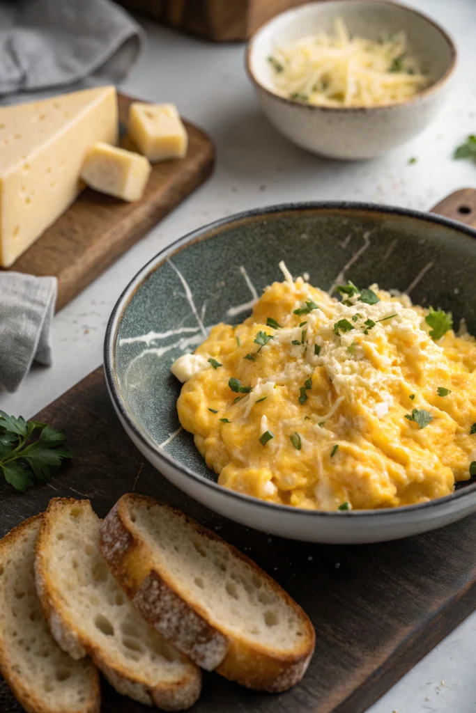 Scrambled eggs with cheese served on a white ceramic plate, showing perfectly fluffy texture with melted cheese throughout