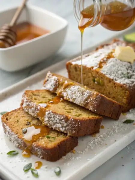Zucchini bread French toast topped with maple syrup, fresh berries, and powdered sugar on a rustic white plate