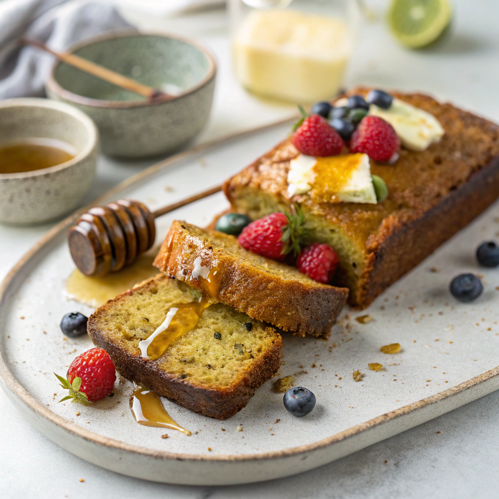 Zucchini bread french toast topped with melting butter and maple syrup, garnished with fresh berries on a ceramic plate