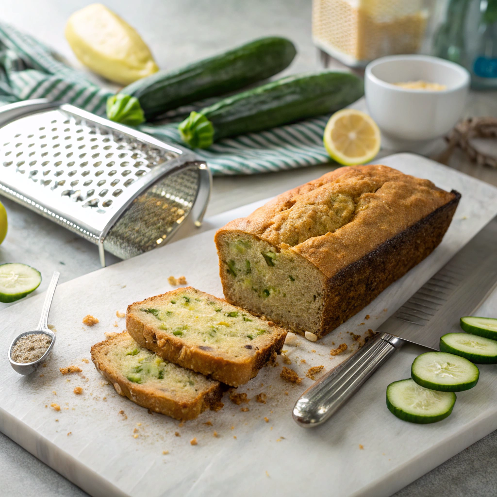 Zucchini bread slices and freshly grated zucchini arranged on marble countertop for French toast preparation