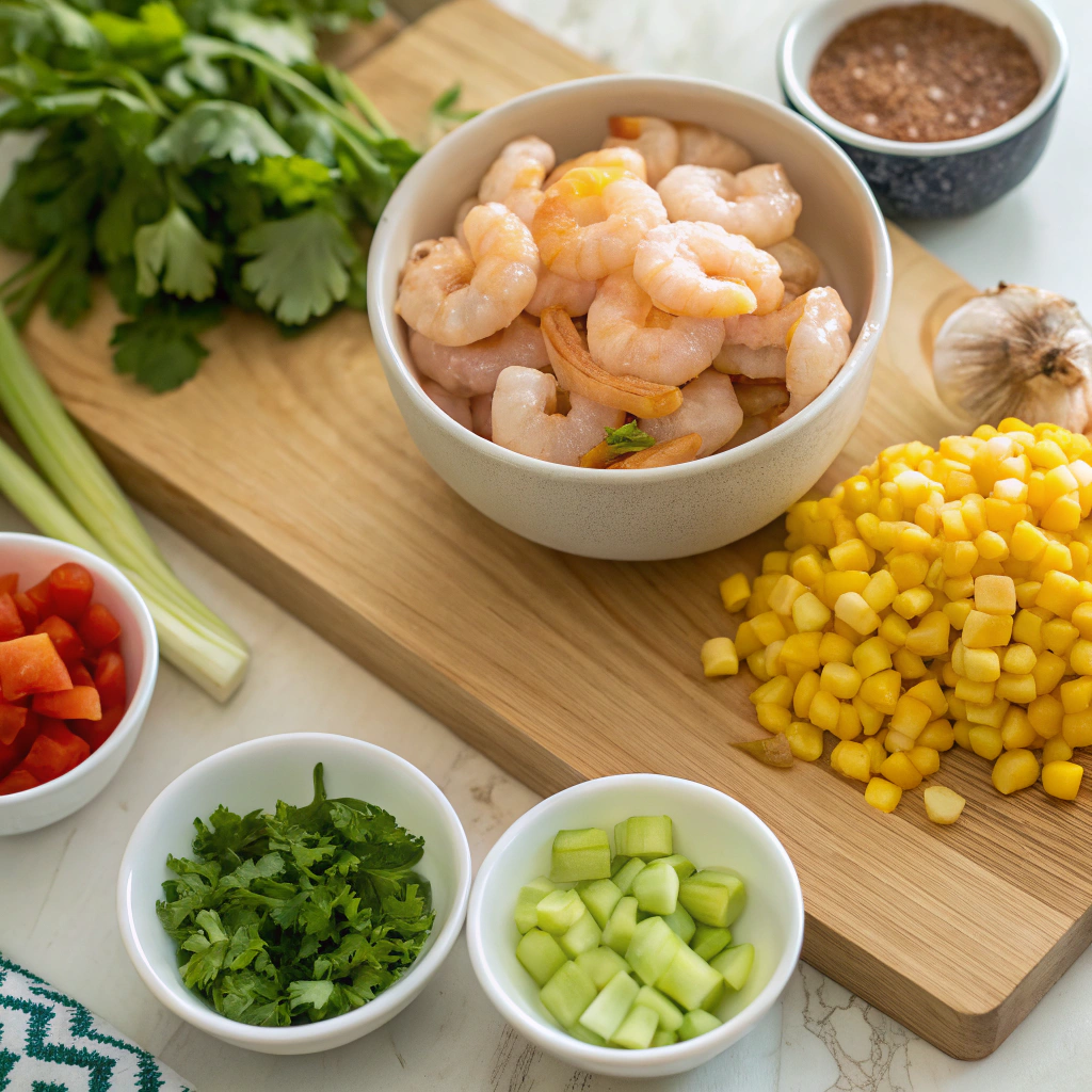 Shrimp and corn soup cajun ingredients neatly arranged on wooden cutting board with spices and herbs in prep bowls