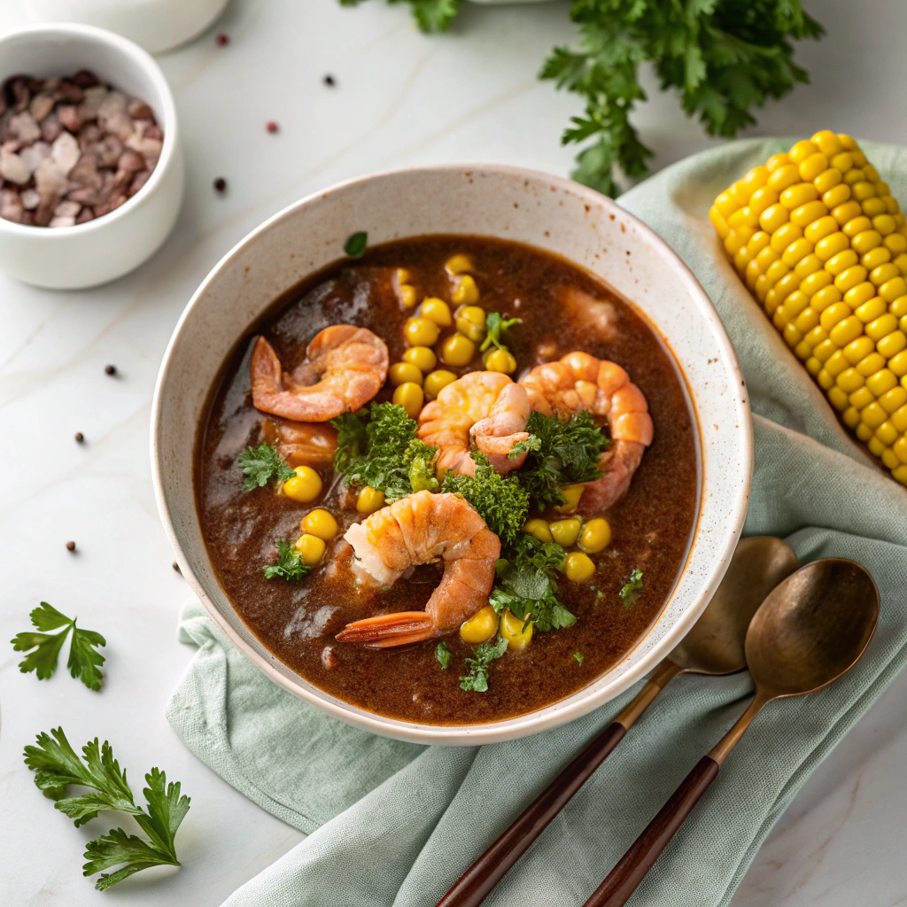 Shrimp and corn soup cajun style with dark roux, fresh Gulf shrimp, and sweet corn in a rustic ceramic bowl