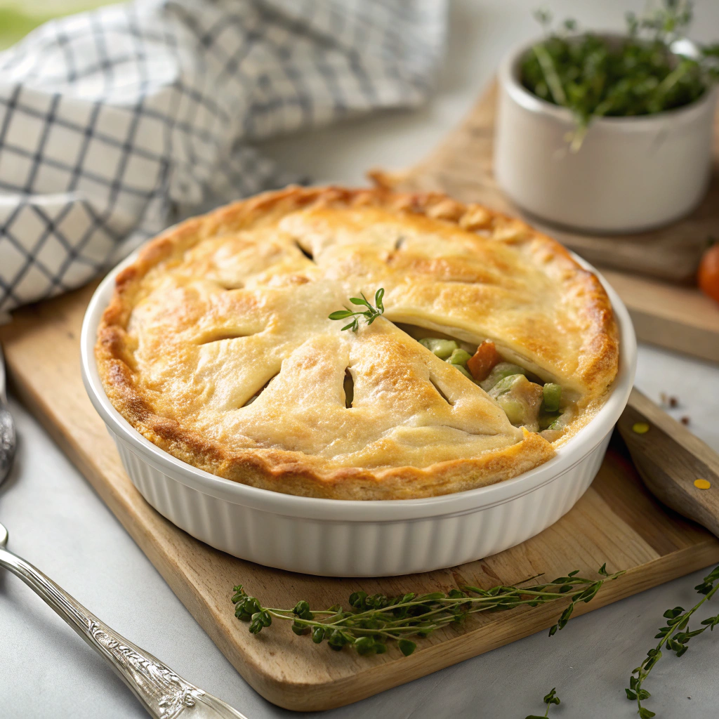 Chicken pot pie cross-section showing crispy bottom crust with proper venting and golden-brown top