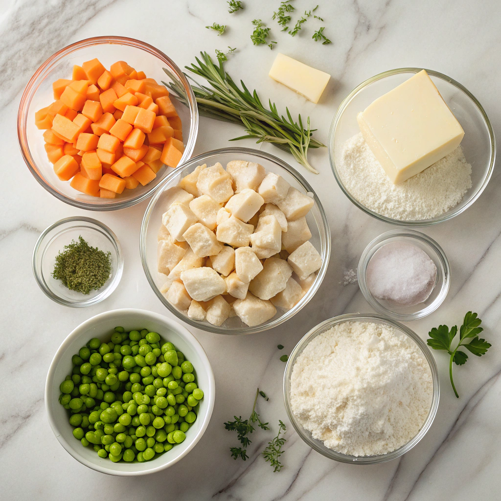 chicken pot pie ingredients arranged neatly on marble counter with measuring bowls and fresh herbs