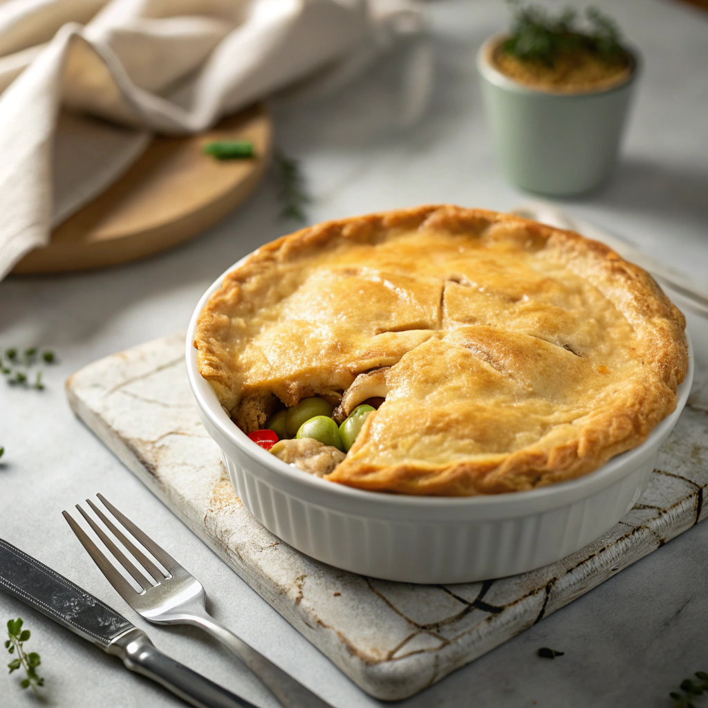 chicken pot pie temperature check with instant-read thermometer showing perfect doneness through golden-brown crust