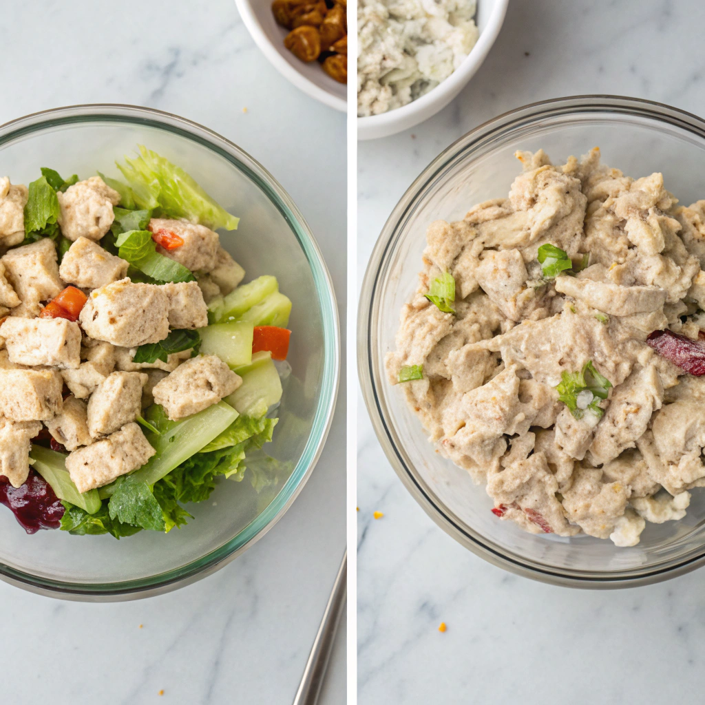 Chicken salad recipe showing proper moisture balance - side by side comparison of correct and incorrect consistency