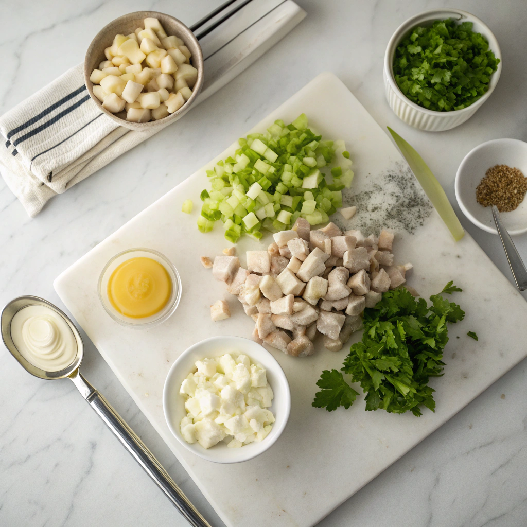 Chicken salad recipe ingredients and prep tools arranged on white marble counter, including diced chicken, vegetables, and fresh herbs