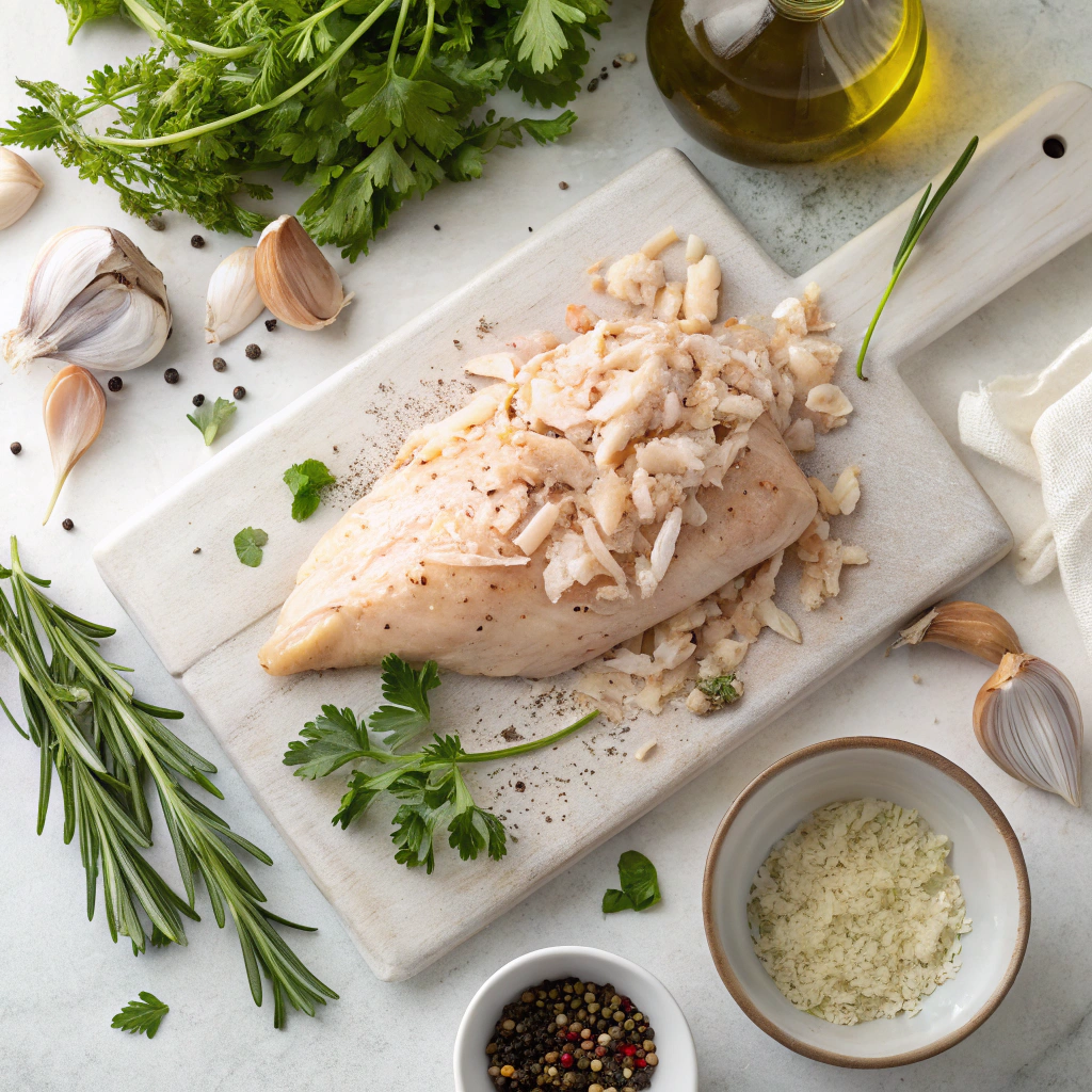 Chicken salad preparation showing perfectly cooked chicken being shredded with two forks on wooden cutting board