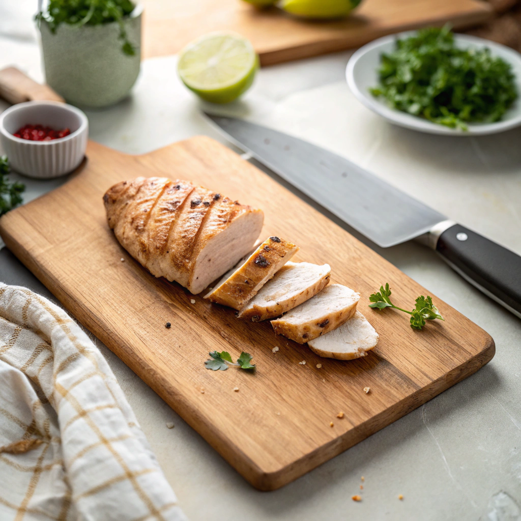 Chicken salad recipe preparation showing perfectly cooked, sliced chicken breast with golden sear on wooden cutting board