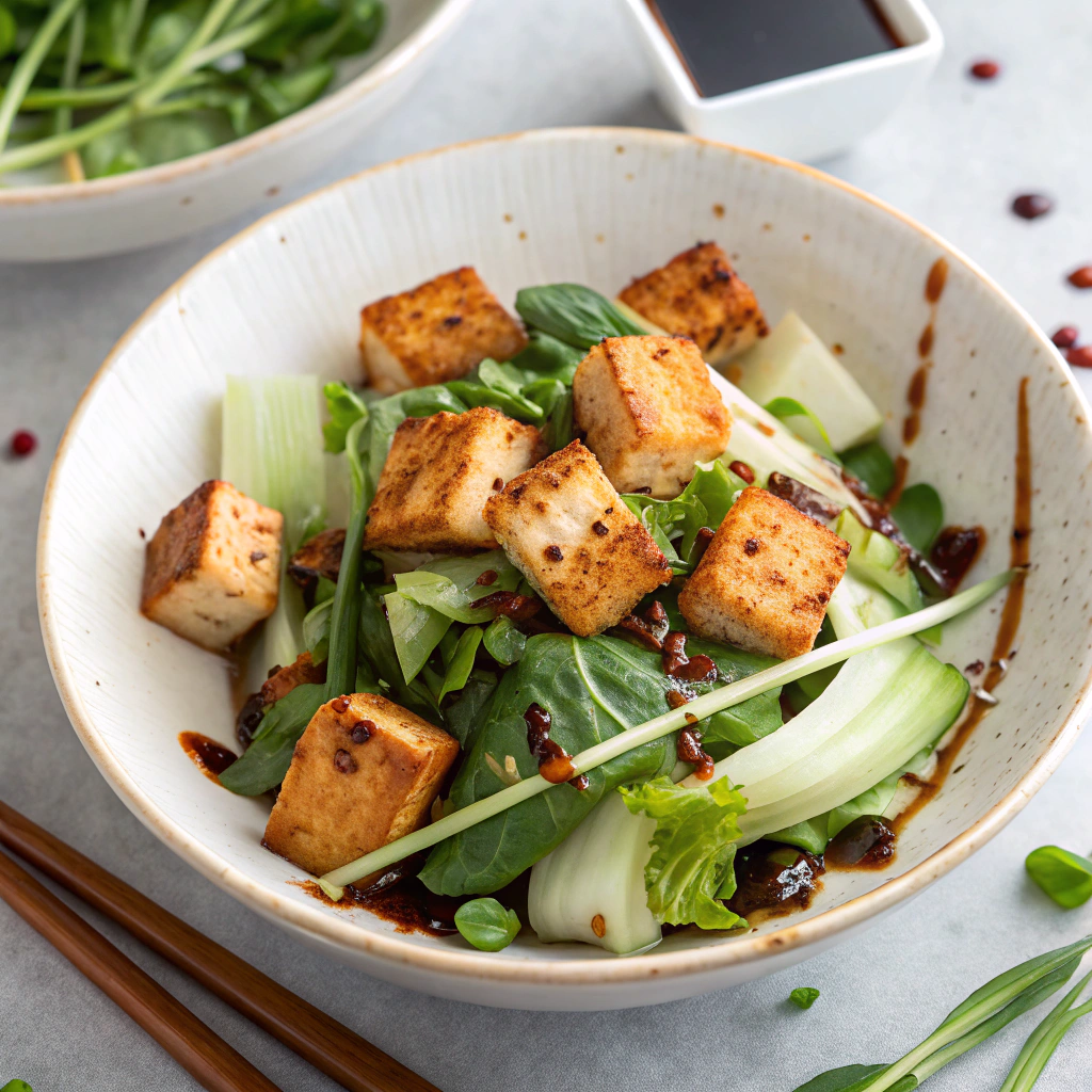 Asian tofu salad recipe with crispy tofu, watercress, and black vinegar dressing arranged in traditional Chinese style