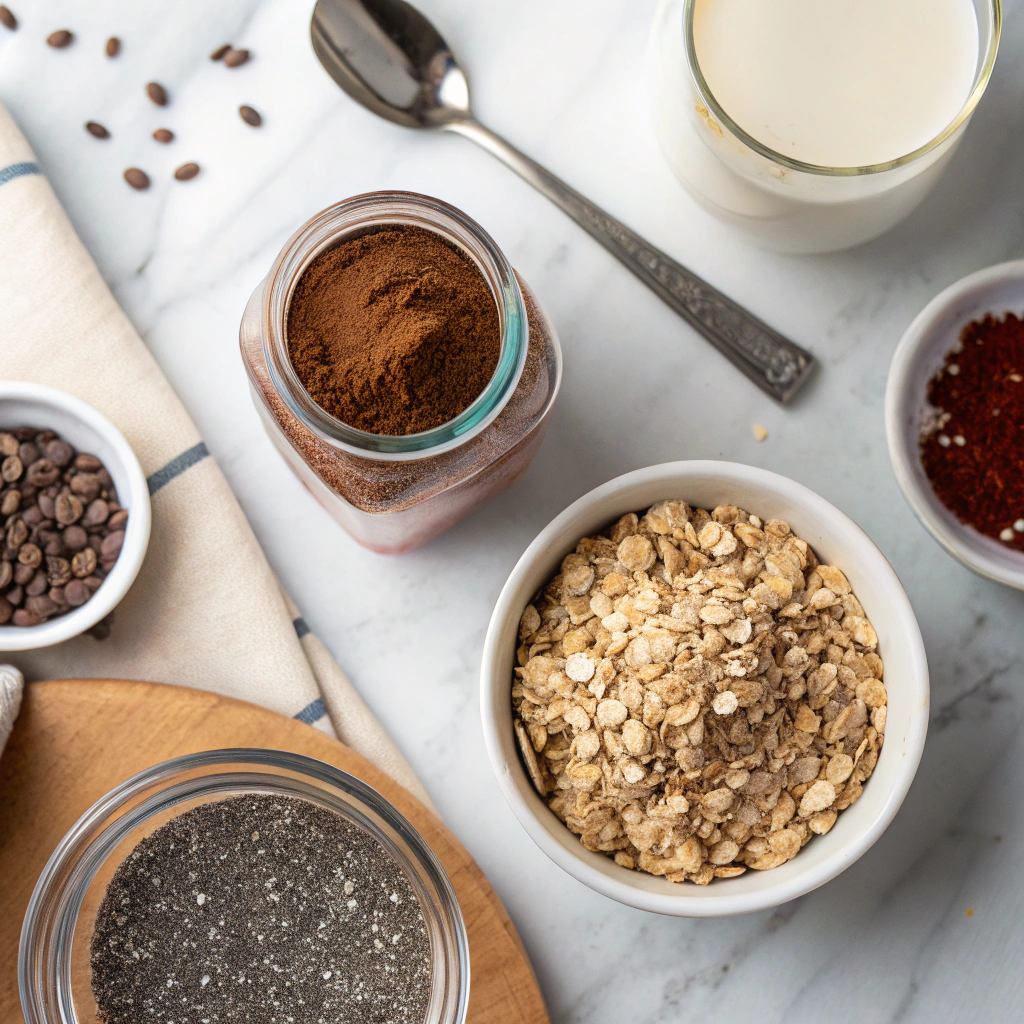 chocolate overnight oats ingredients arranged on marble counter including cocoa powder, oats, and chia seeds