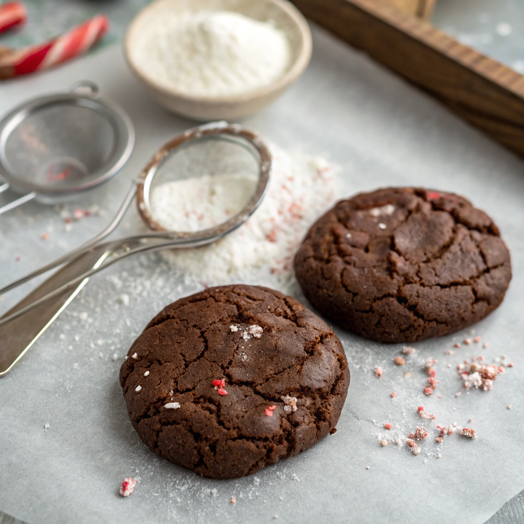 Chocolate peppermint cookies comparison - perfect chewy texture versus dry crumbly result with baking tools