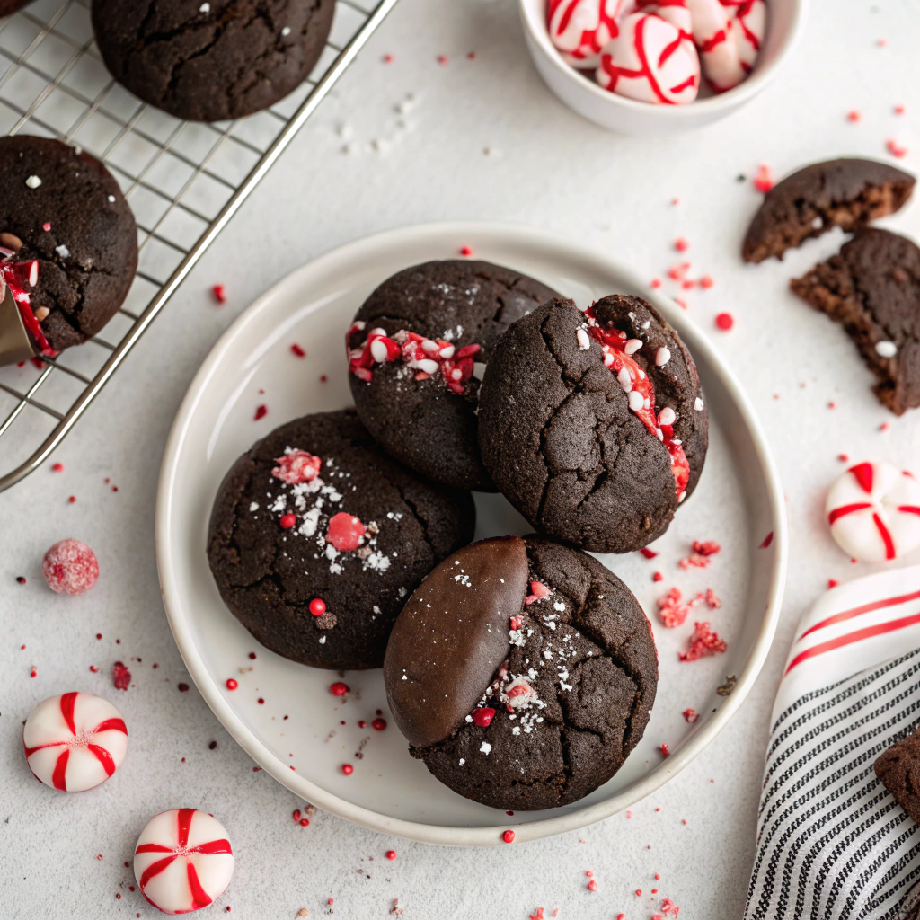 Chocolate peppermint cookies topped with crushed candy canes and dipped in dark chocolate on marble surface