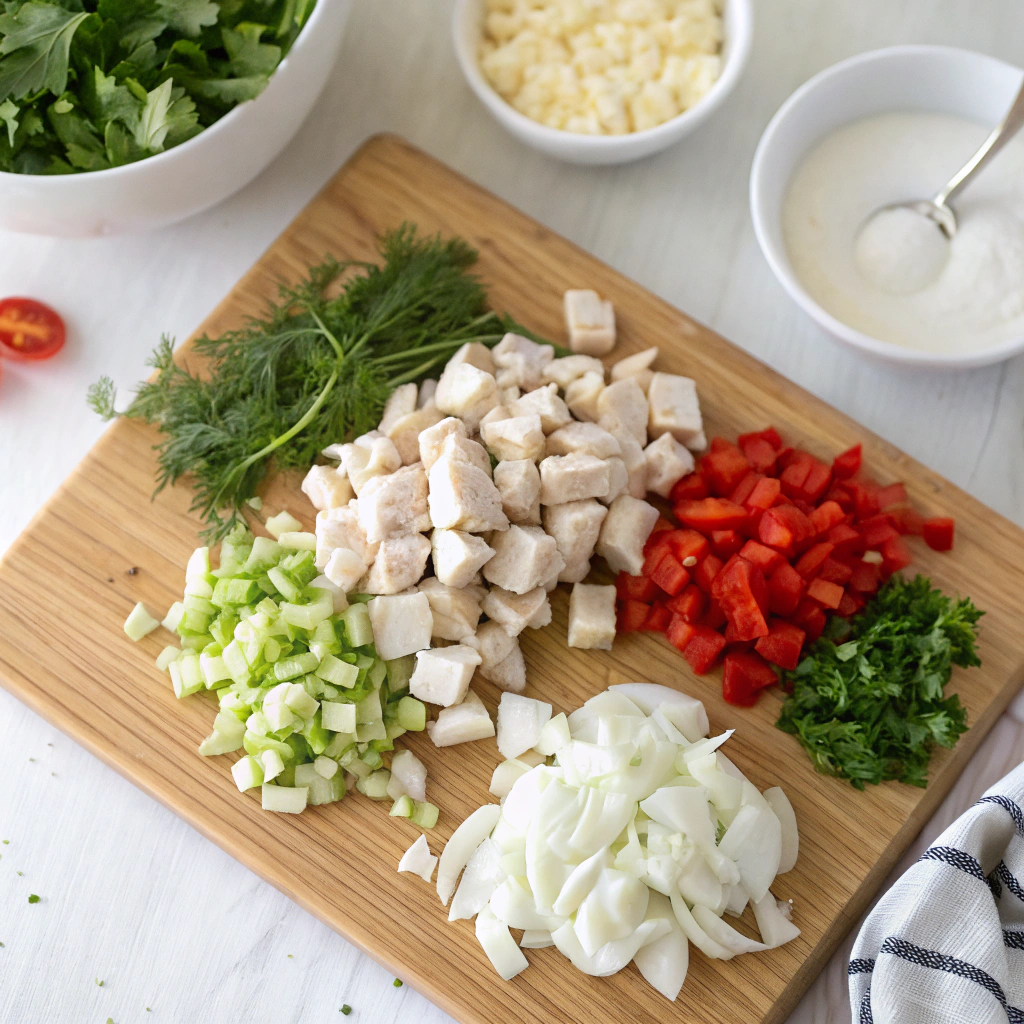 Chopped chicken salad ingredients neatly arranged on wooden cutting board showing perfect prep technique