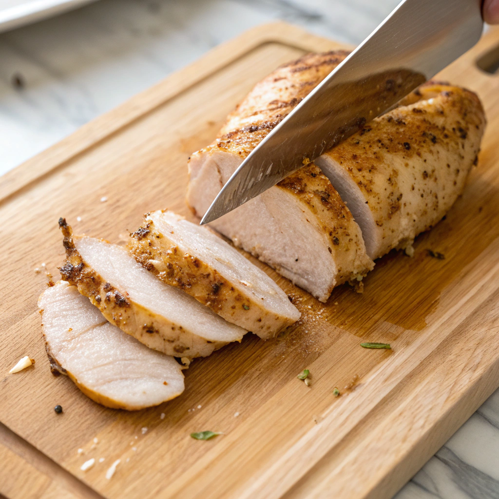 Chopped chicken salad preparation showing perfectly cooked chicken breast being sliced with meat thermometer displaying ideal temperature