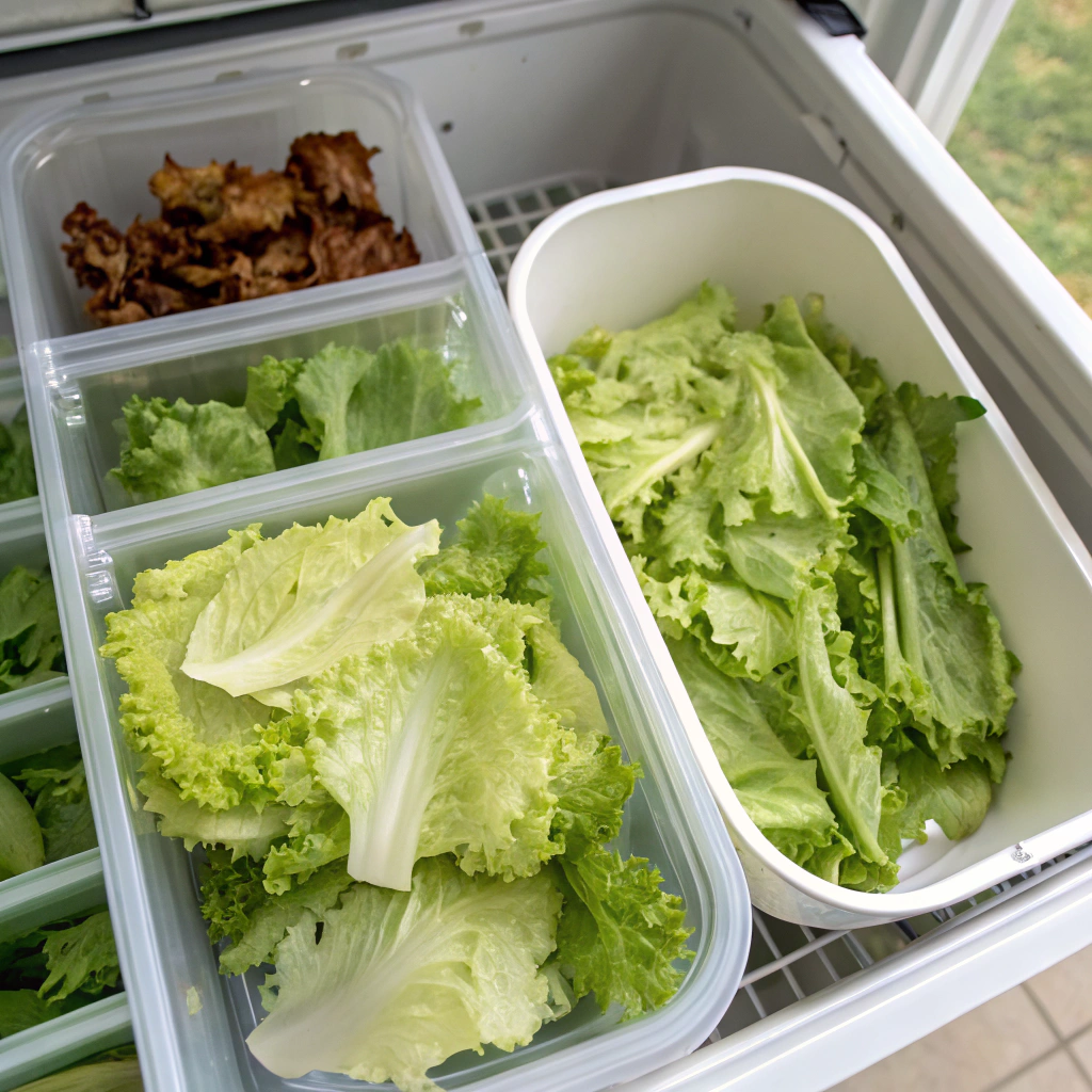 Chopped chicken salad lettuce storage comparison - crisp properly stored vs soggy improperly stored lettuce leaves