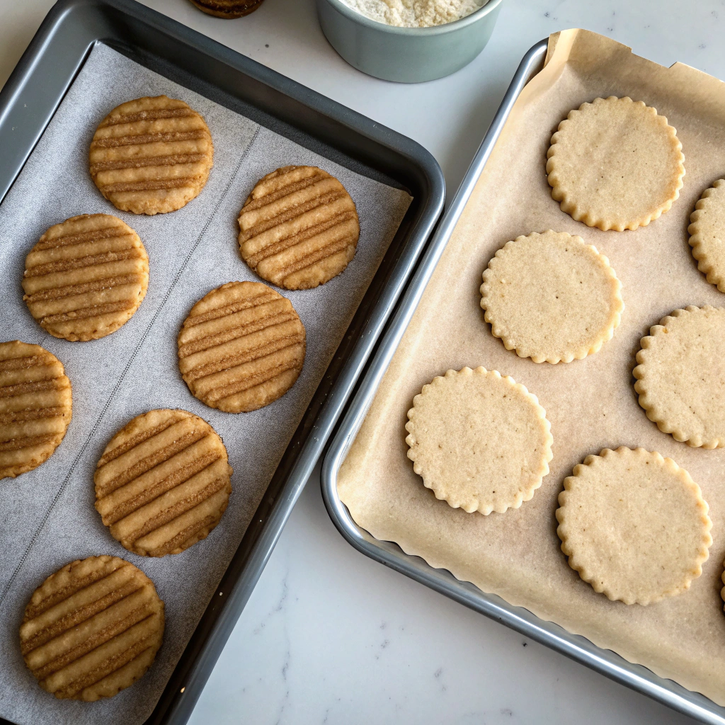 Churro Cheesecake cookies comparison - properly shaped vs spread cookies with baking tools