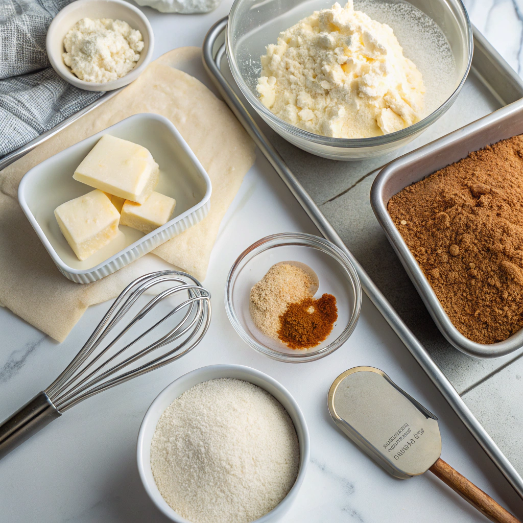 Churro Cheesecake cookies ingredients and equipment arranged on marble counter - cream cheese, vanilla, cinnamon sugar, and baking tools