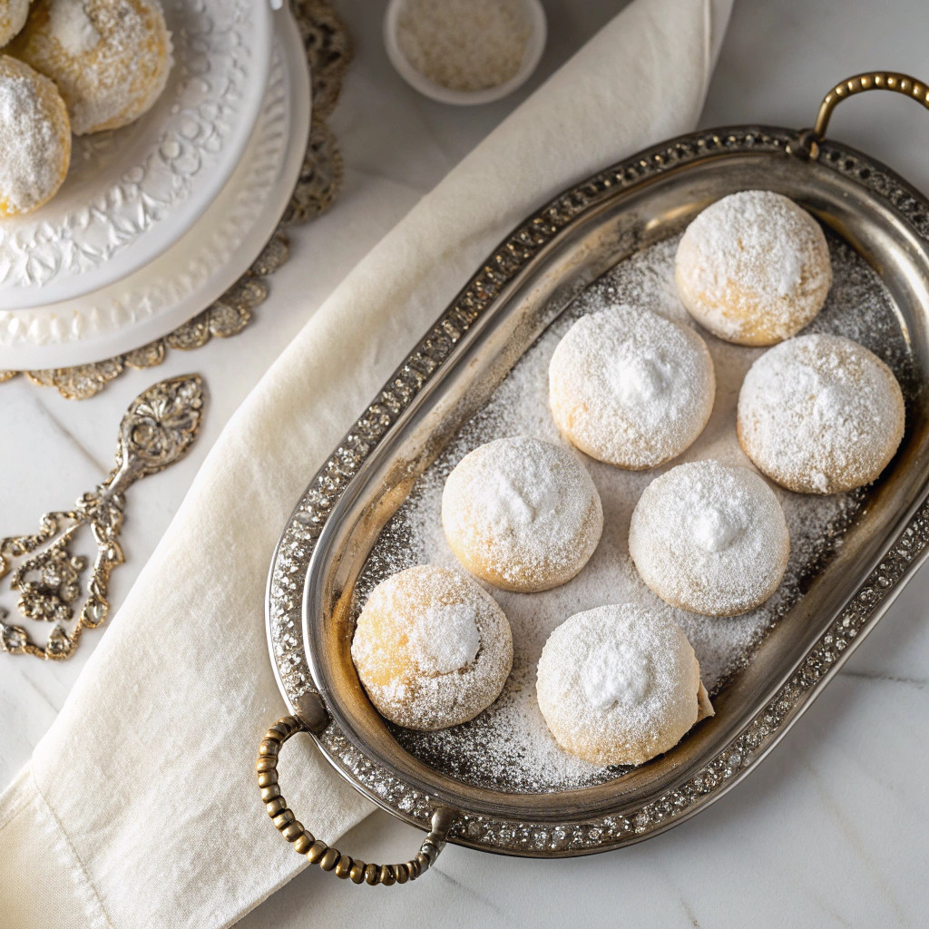 Churro Cheesecake cookies dusted with powdered sugar in decorative paper cups, Mexican wedding cookie style