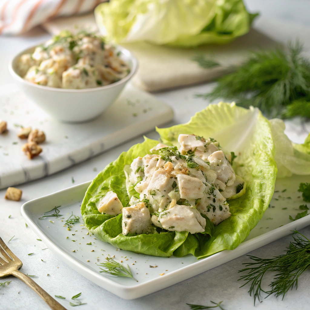 Homemade chicken salad served on crisp butter lettuce leaves with fresh herbs and cracked pepper