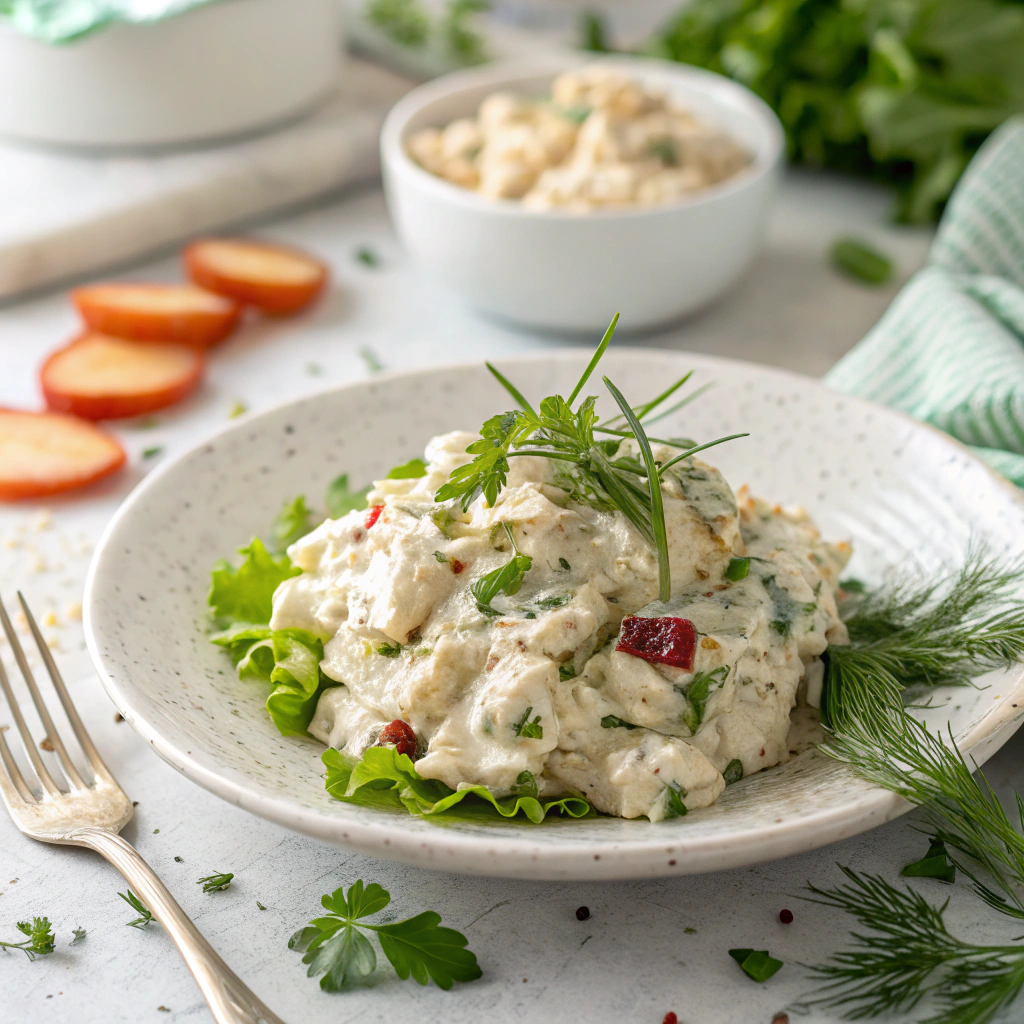 Homemade chicken salad recipe with fresh herbs and crisp vegetables served on a white ceramic plate