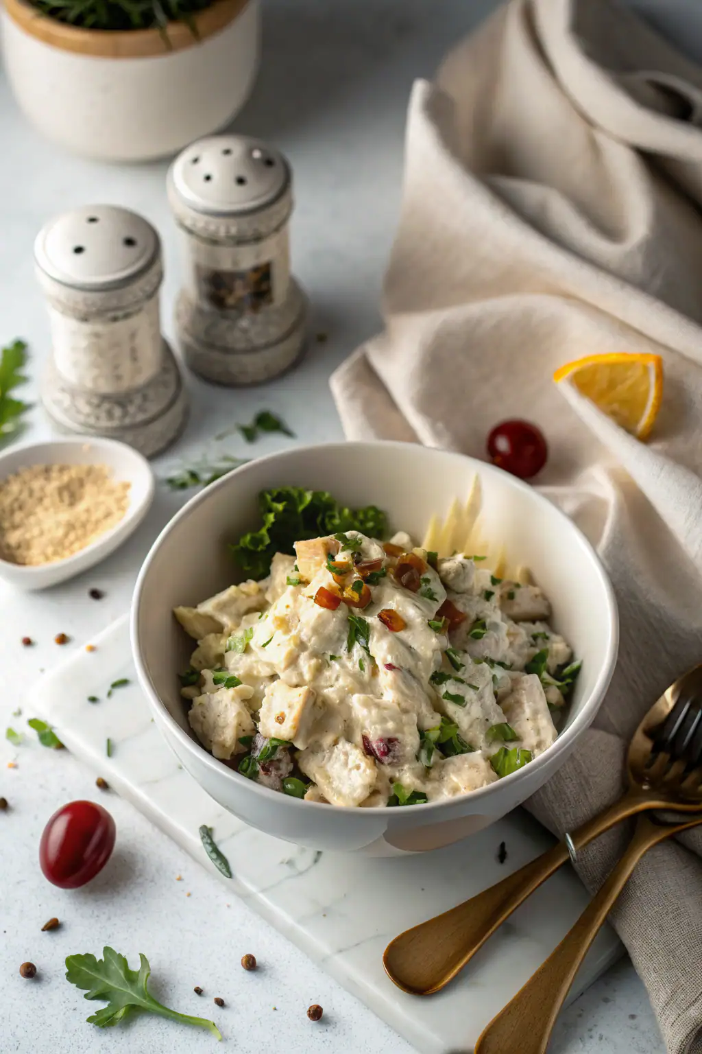 Chicken salad recipe with creamy dressing, grapes, and herbs served on rustic bread, viewed from above