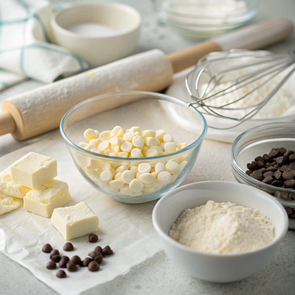 White chocolate peppermint cookies ingredients and tools arranged neatly on marble counter for baking preparation