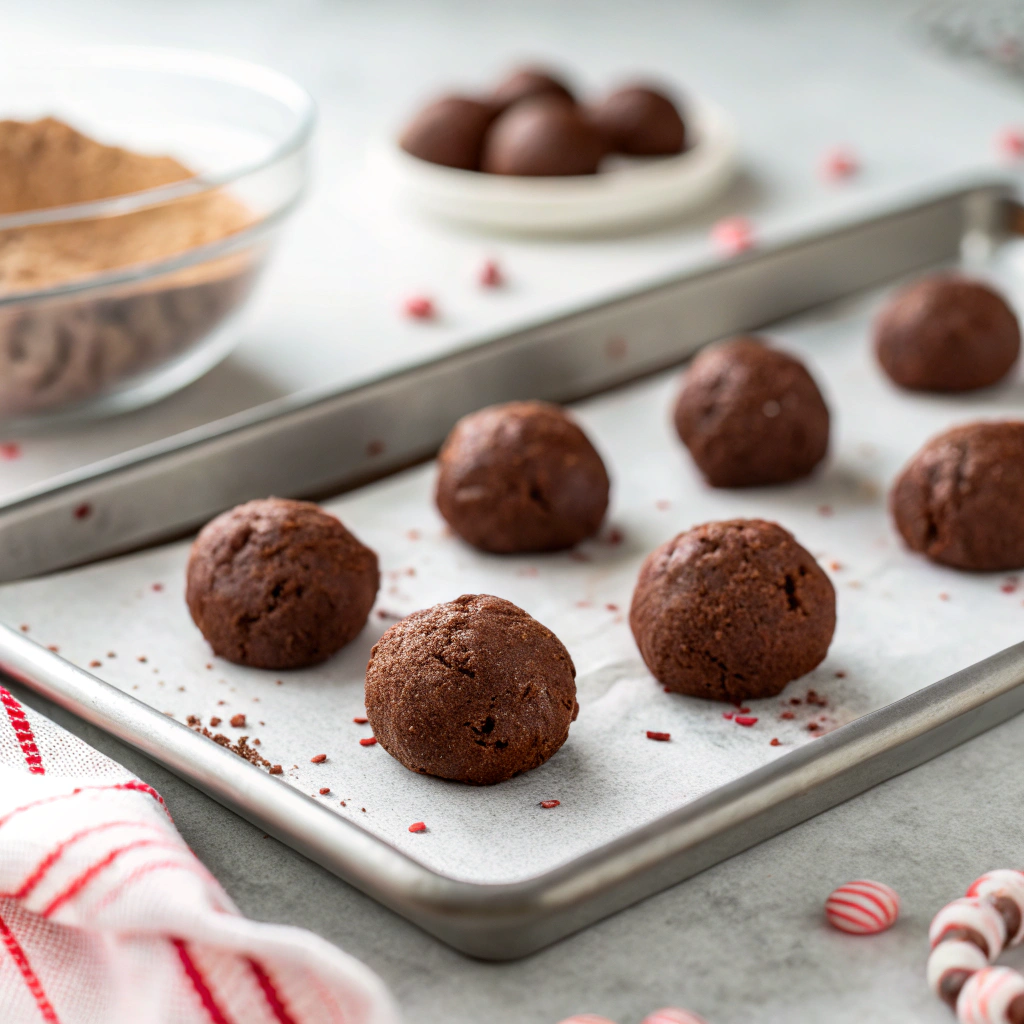 chocolate peppermint cookies dough balls with kitchen thermometer showing optimal baking temperature