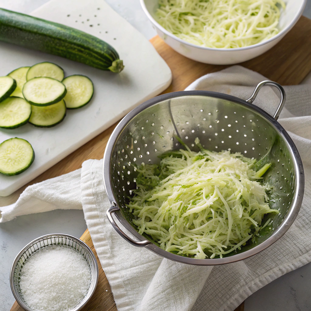 Banana zucchini muffins prep - grated zucchini draining in colander with paper towels showing moisture control technique