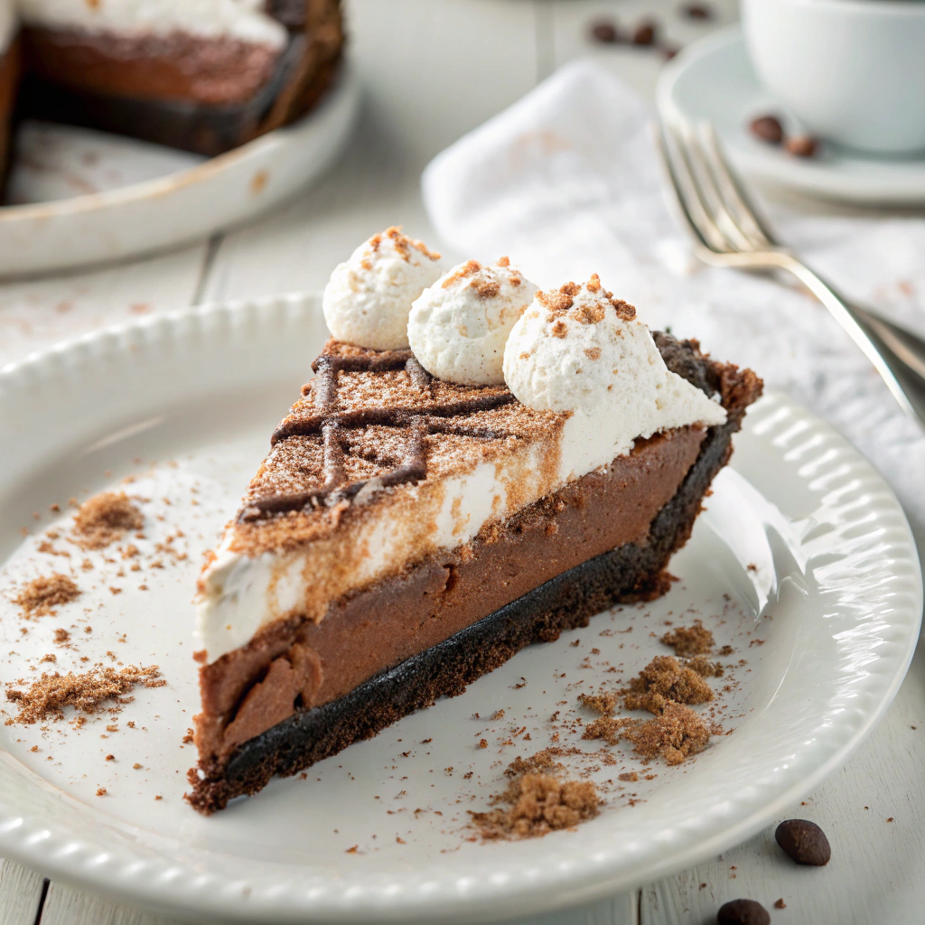 Mississippi mud pie slice showing traditional layers of chocolate crust, fudgy filling, and whipped cream with cocoa powder dusting