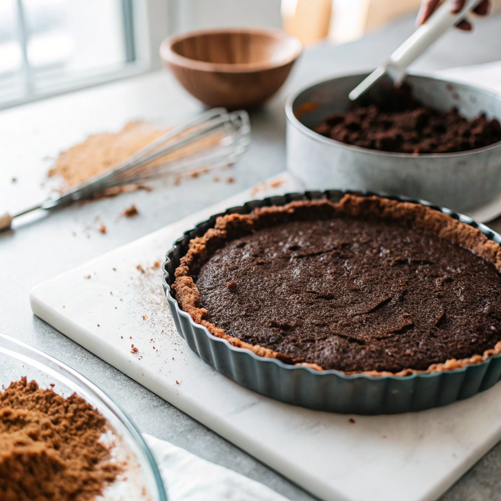 mississippi mud pie chocolate crust being pressed into pan with measuring cup showing proper technique