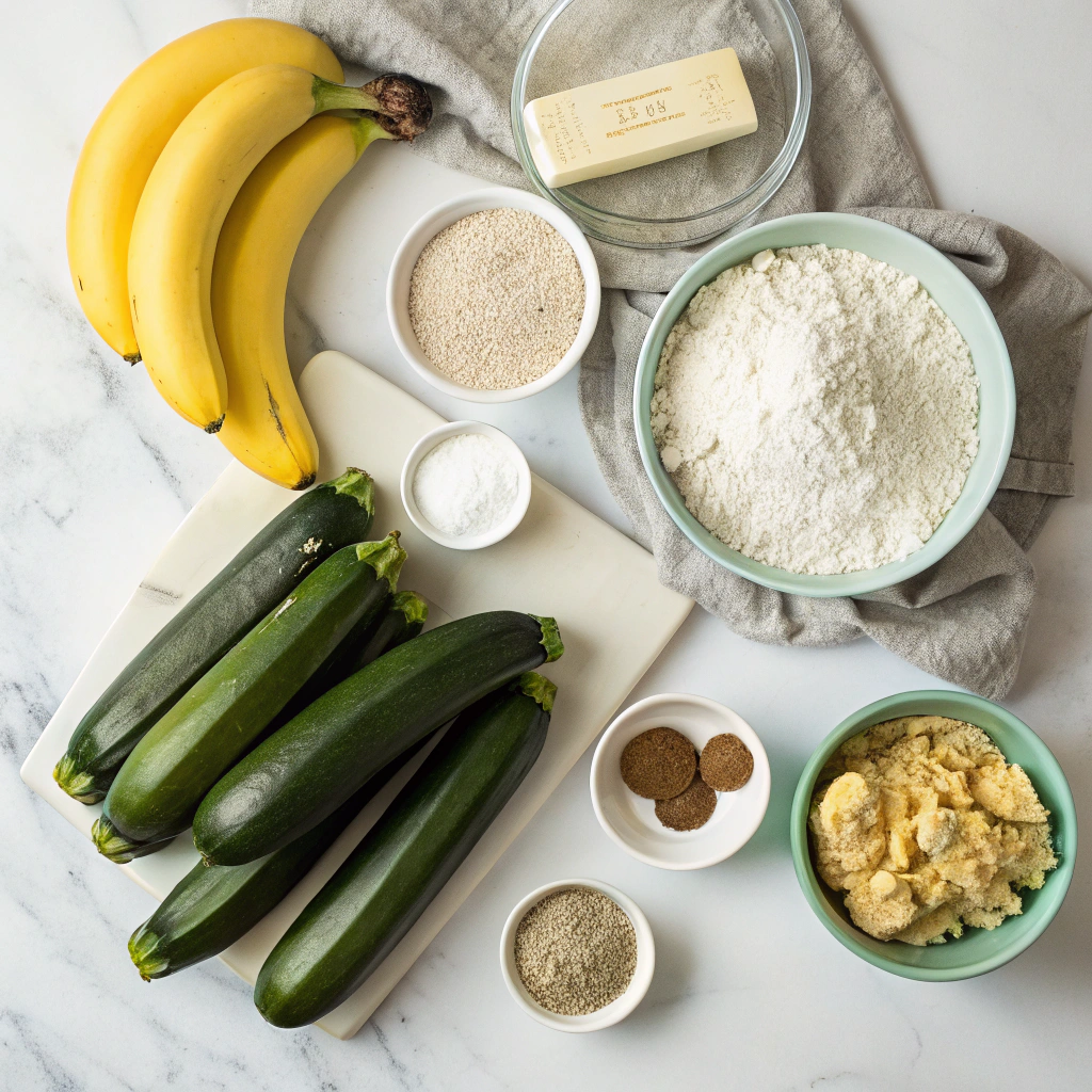 banana zucchini muffins ingredients precisely measured and arranged on marble counter with proper baking tools