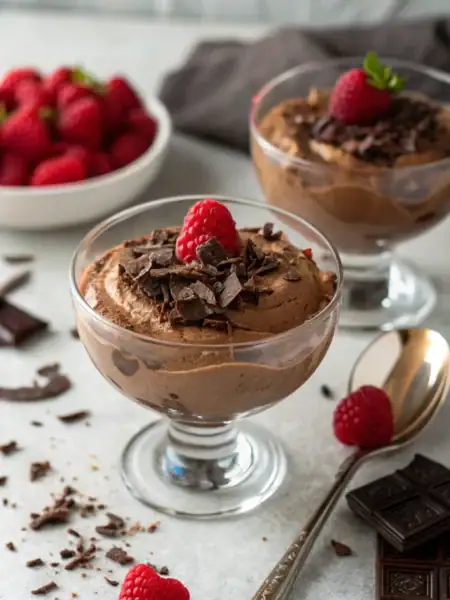 Easy chocolate mousse recipe topped with fresh raspberries and chocolate shavings in an elegant crystal glass