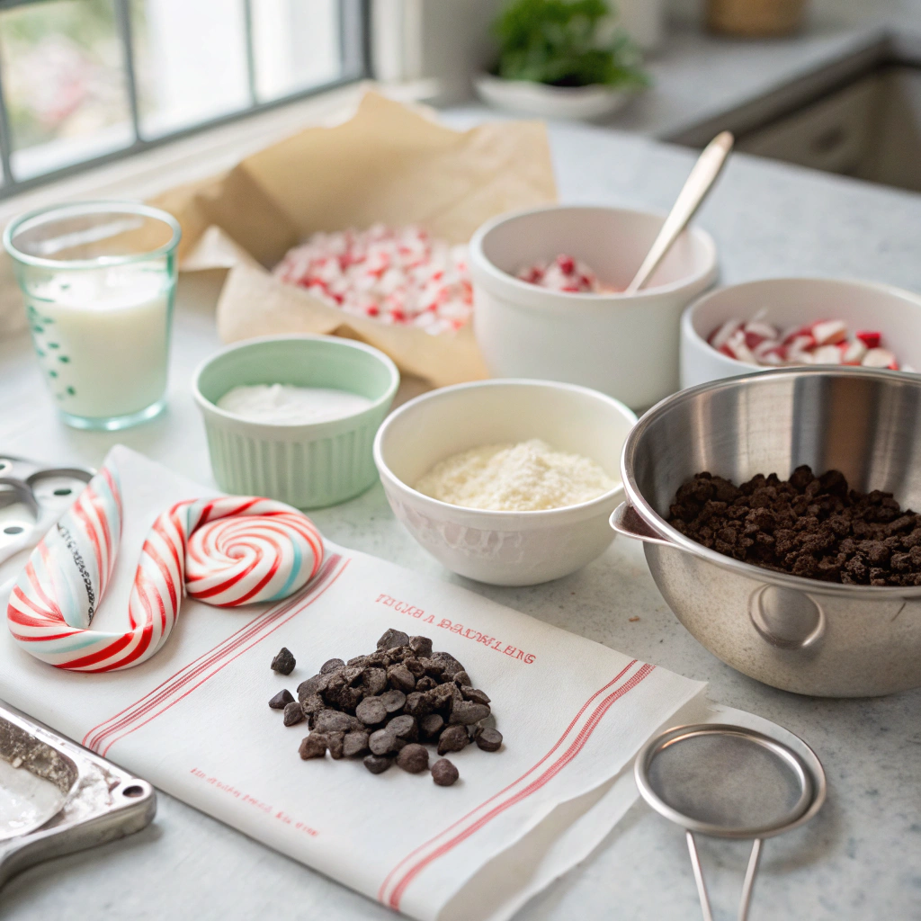 chocolate peppermint cookies ingredients and tools arranged neatly on white marble counter for perfect baking preparation