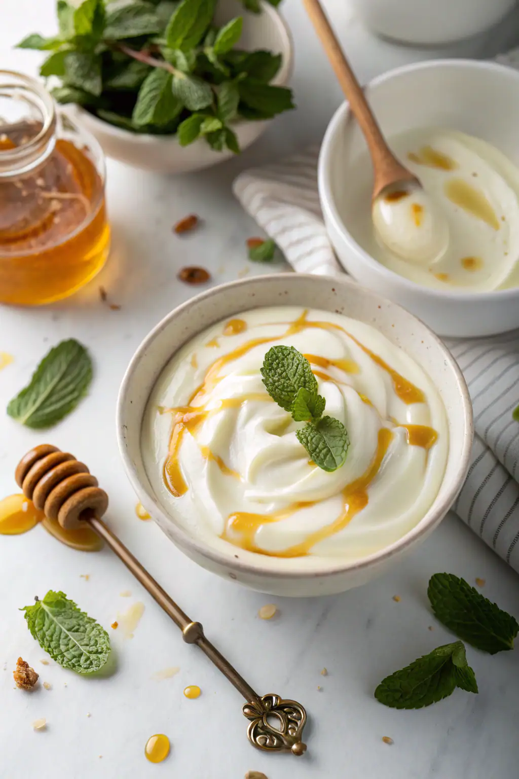 Honey greek yogurt recipe with golden honey swirls and fresh mint garnish in a white ceramic bowl