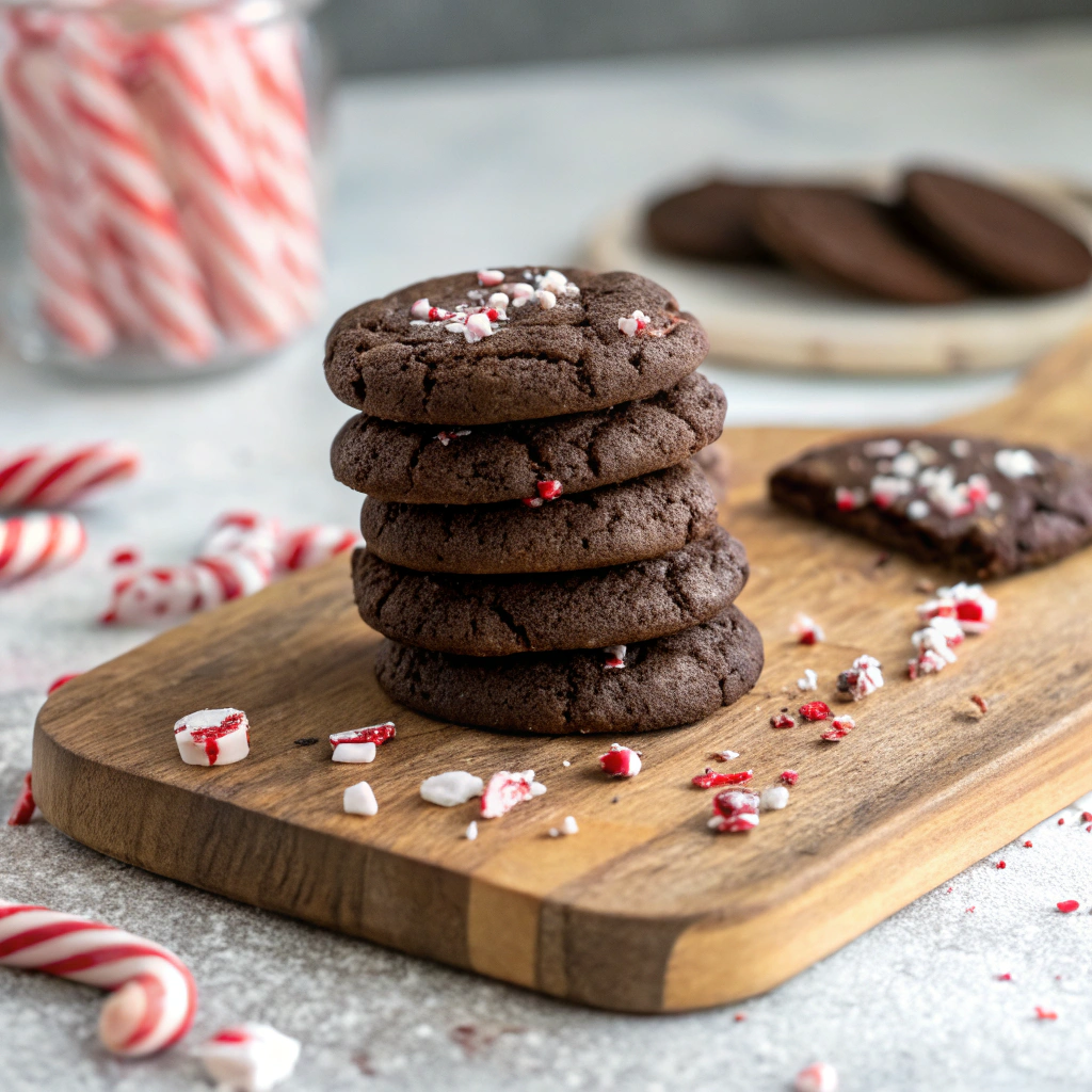 Chocolate peppermint cookies stacked with crushed candy canes and cocoa dusting