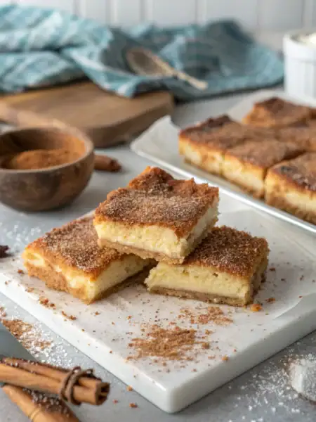 Churro cheesecake bars with cinnamon sugar coating and creamy filling, displayed on marble surface