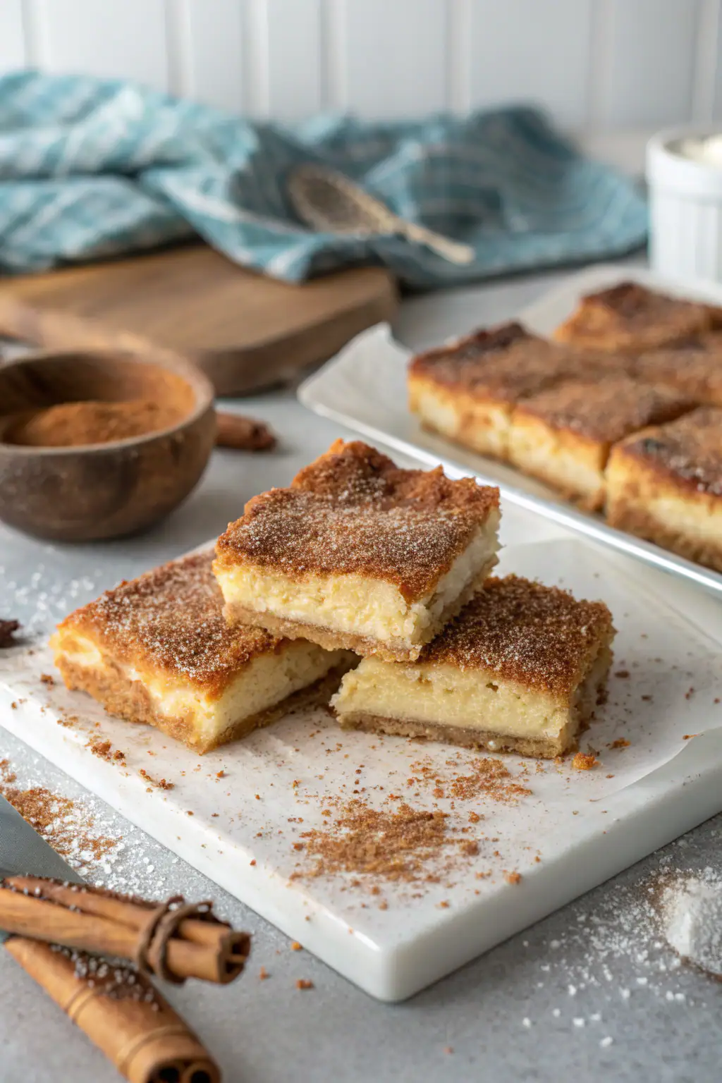 Churro cheesecake bars with cinnamon sugar coating and creamy filling, displayed on marble surface