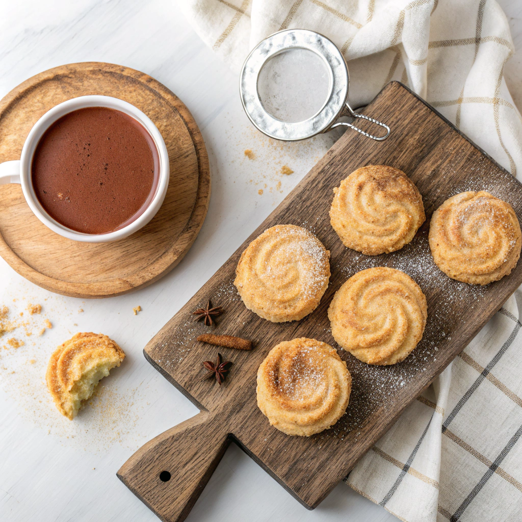 Churro Cheesecake cookies dusted with cinnamon sugar arranged on wooden board with hot chocolate