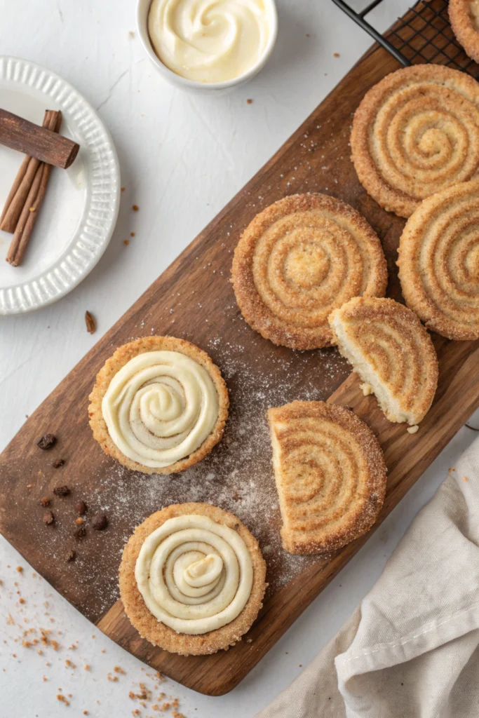 Churro cheesecake cookies dusted with cinnamon sugar, showing creamy centers on wooden board