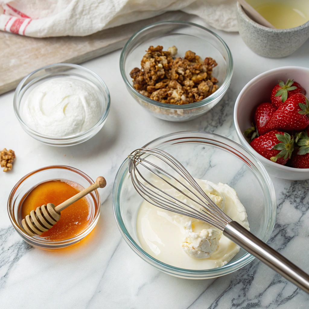 Honey greek yogurt recipe ingredients and tools arranged on marble counter including yogurt, honey, and mixing tools