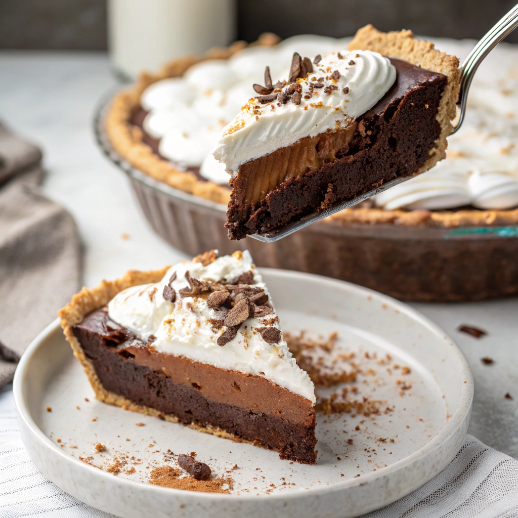 Mississippi mud pie slice being served, showing perfect chocolate layers and whipped cream topping