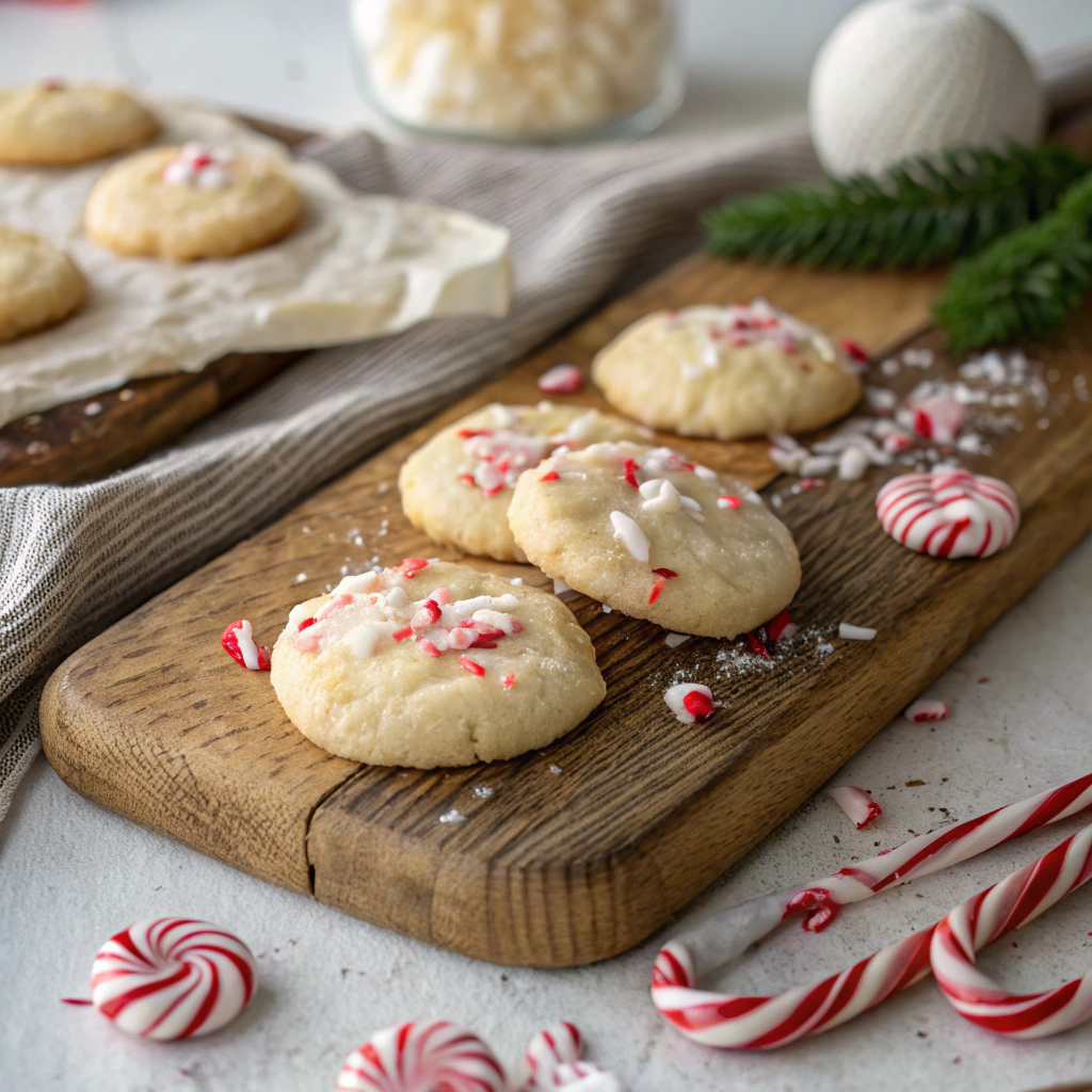 White chocolate peppermint cookies decorated with crushed candy canes on wooden serving board