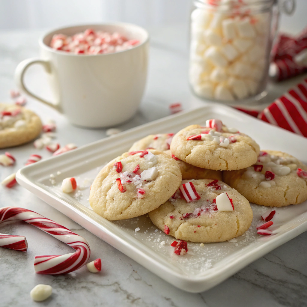 White chocolate peppermint cookies topped with crushed candy canes showing beautiful stained-glass effect from melted peppermint pieces