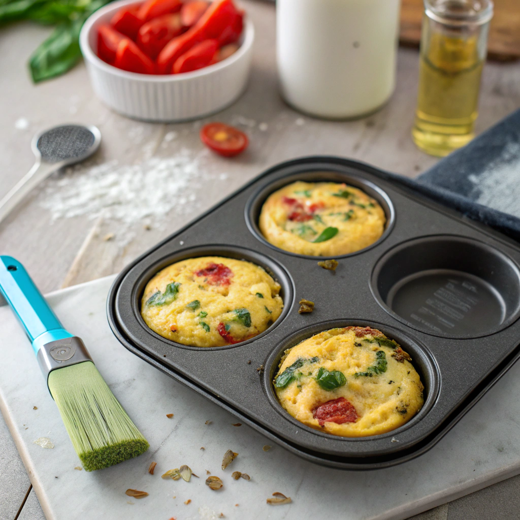 Egg frittata muffins comparison - perfect vs stuck, with non-stick tools shown