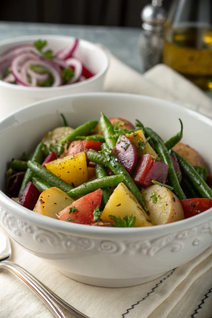 Potato and green bean salad with herbs in white bowl, featuring tender potatoes and crisp vegetables in a light vinaigrette