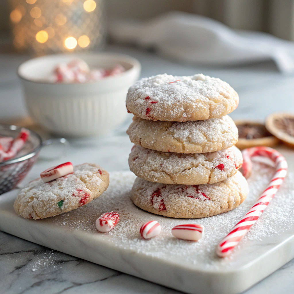 Peppermint cookies with crushed candy canes and powdered sugar dusting viewed from above