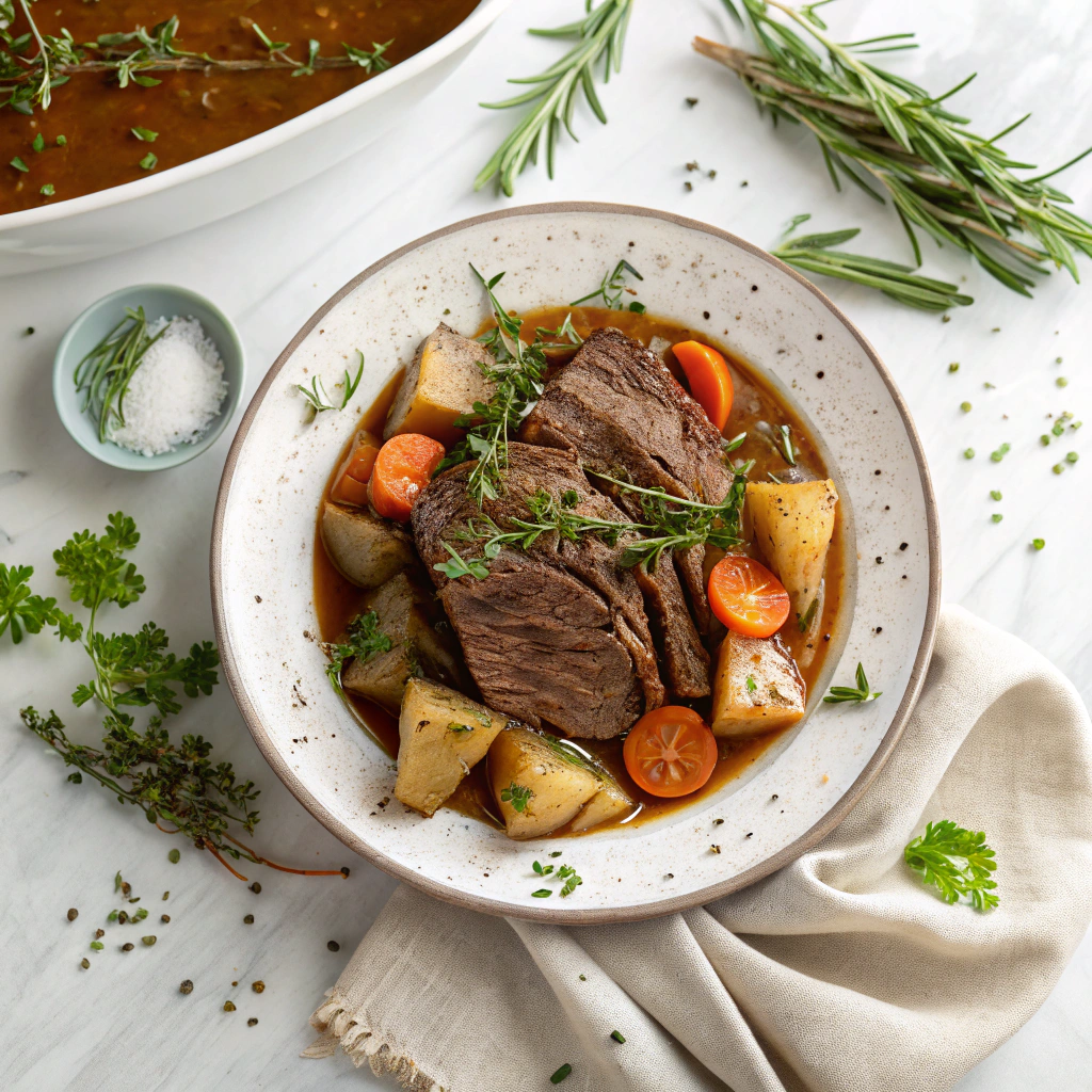 slow cooker mississippi pot roast topped with fresh herbs and pepperoncini peppers, showcasing low-sodium preparation